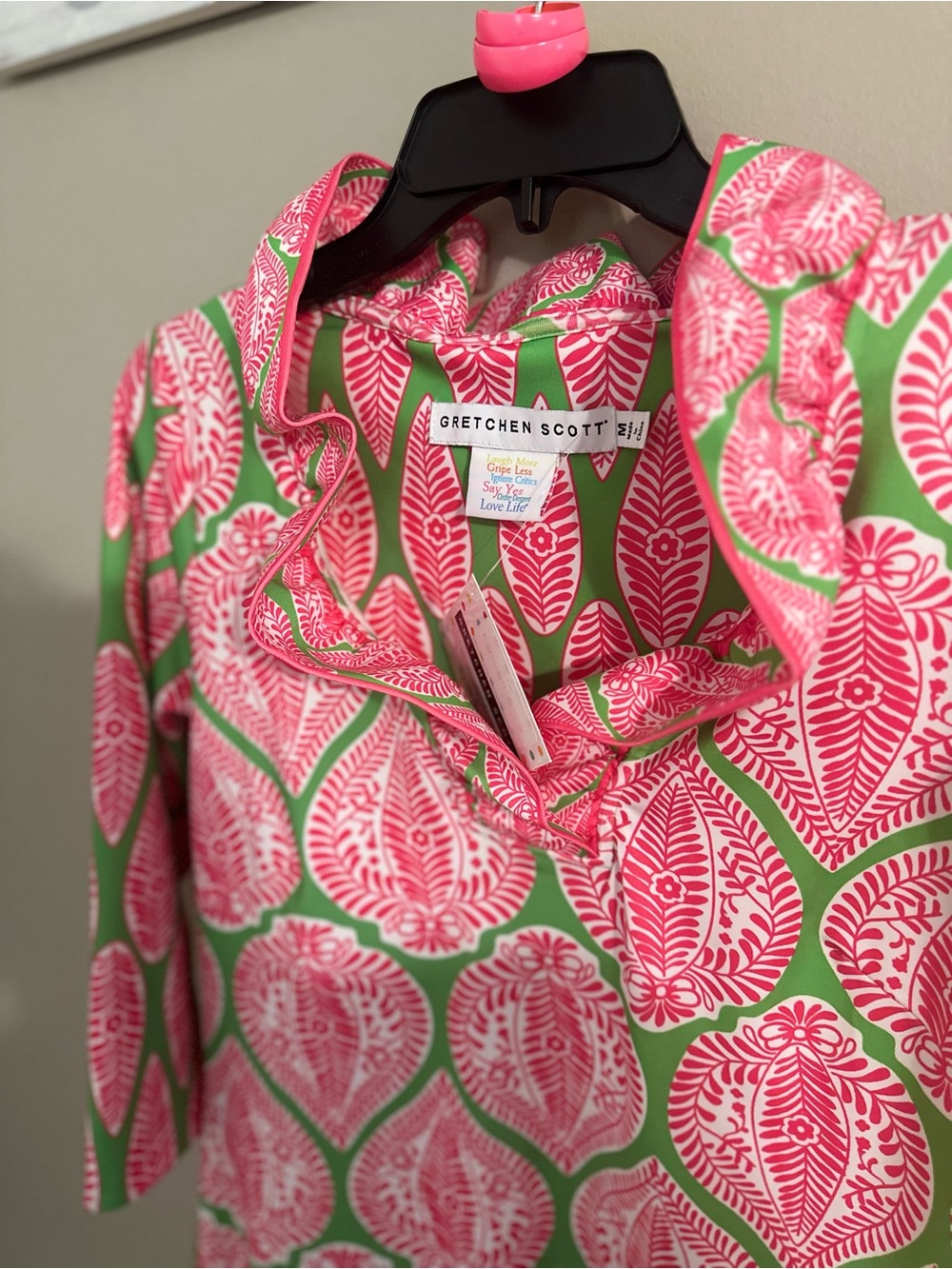 Gretchen Scott Designs Pink & Green Printed Ruffle-Neck Midi Dress - Picture 3 of 4